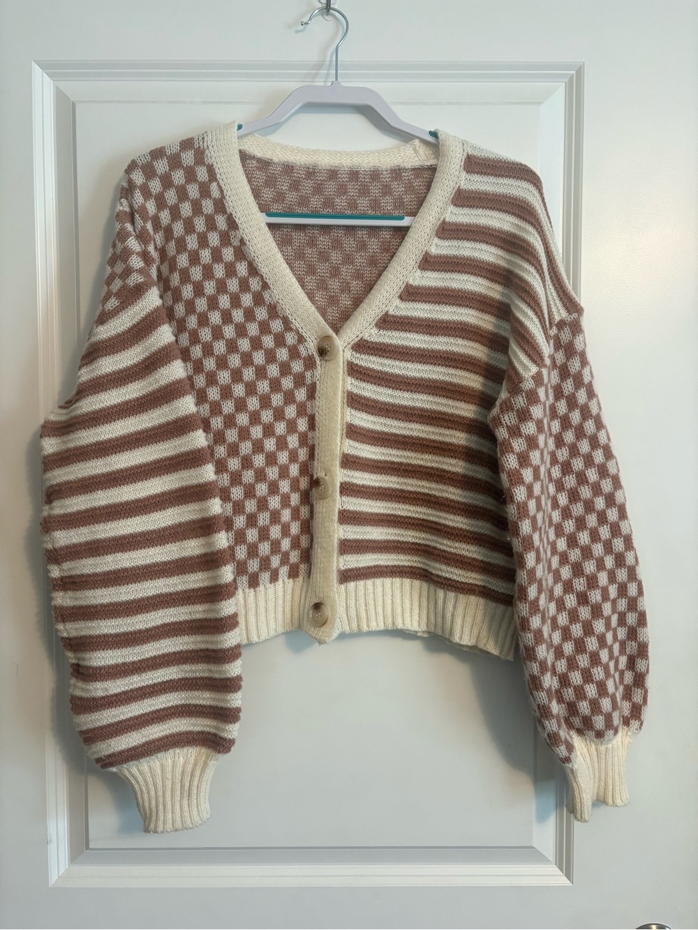 Cream & Dusty Rose | Check-Stripe V-Neck Chunky Knit Cardigan